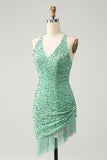 Sparkly Fuchsia Sequins Halter Short Bodycon Prom Dress with Tassels