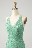 Sparkly Fuchsia Sequins Halter Short Bodycon Prom Dress with Tassels