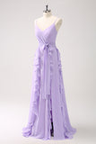 Lilac Ruffled A-Line Chiffon Bridesmaid Dress with Sash