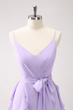 Lilac Ruffled A-Line Chiffon Bridesmaid Dress with Sash