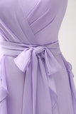 Lilac Ruffled A-Line Chiffon Bridesmaid Dress with Sash
