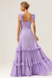 Lilac V-Neck A-Line Chiffon Bridesmaid Dress with Ruffles