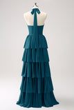 Eucalyptus A-Line Halter Tiered Chiffon Bridesmaid Dress