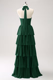 Blue Halter A-Line Tiered Flower Chiffon Bridesmaid Dress