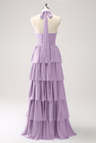 Blue Halter A-Line Tiered Flower Chiffon Bridesmaid Dress