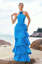 Blue Halter A-Line Tiered Flower Chiffon Bridesmaid Dress