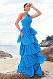 Blue Halter A-Line Tiered Flower Chiffon Bridesmaid Dress