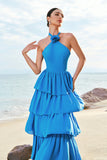 Blue Halter A-Line Tiered Flower Chiffon Bridesmaid Dress