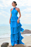 Blue Halter A-Line Tiered Flower Chiffon Bridesmaid Dress