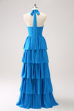 Blue Halter A-Line Tiered Flower Chiffon Bridesmaid Dress