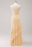 Champagne Mermaid Ruffled Spaghetti Straps Bridesmaid Dress