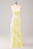Champagne Mermaid Ruffled Spaghetti Straps Bridesmaid Dress