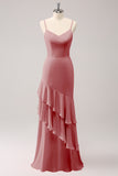 Champagne Mermaid Ruffled Spaghetti Straps Bridesmaid Dress