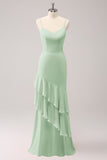 Champagne Mermaid Ruffled Spaghetti Straps Bridesmaid Dress