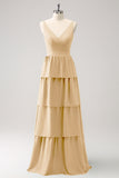 Simple Sky Blue Tiered A-Line Chiffon Long Bridesmaid Dress
