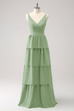 Dark Green A-Line Tiered Chiffon Long Bridesmaid Dress