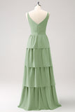 Dark Green A-Line Tiered Chiffon Long Bridesmaid Dress