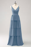 Simple Sky Blue Tiered A-Line Chiffon Long Bridesmaid Dress