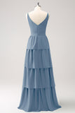 Simple Sky Blue Tiered A-Line Chiffon Long Bridesmaid Dress