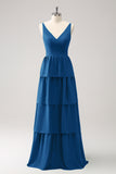 Dark Green A-Line Tiered Chiffon Long Bridesmaid Dress