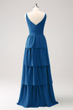 Dark Green A-Line Tiered Chiffon Long Bridesmaid Dress