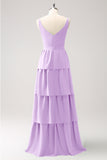 Simple Sky Blue Tiered A-Line Chiffon Long Bridesmaid Dress