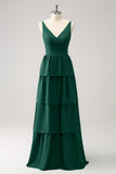 Dark Green A-Line Tiered Chiffon Long Bridesmaid Dress