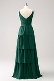 Dark Green A-Line Tiered Chiffon Long Bridesmaid Dress