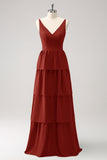 Dark Green A-Line Tiered Chiffon Long Bridesmaid Dress