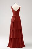 Dark Green A-Line Tiered Chiffon Long Bridesmaid Dress