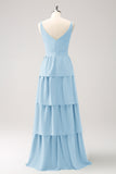 Simple Sky Blue Tiered A-Line Chiffon Long Bridesmaid Dress