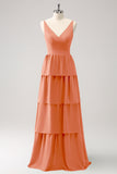 Simple Sky Blue Tiered A-Line Chiffon Long Bridesmaid Dress
