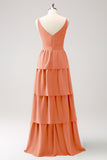 Simple Sky Blue Tiered A-Line Chiffon Long Bridesmaid Dress