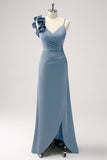 Olive Green Pleated Satin Bridesmaid Dress with Slit