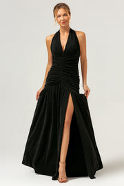 Glitter Black Halter Mermaid Pleated Backless Bridesmaid Dress
