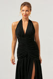 Glitter Black Halter Mermaid Pleated Backless Bridesmaid Dress