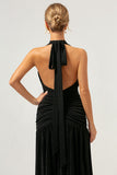 Glitter Black Halter Mermaid Pleated Backless Bridesmaid Dress
