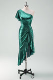 Dark Green Metallic One Shoulder Ruffled Asymmetrical Cocktail Dress