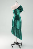Dark Green Metallic One Shoulder Ruffled Asymmetrical Cocktail Dress