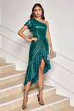 Dark Green Metallic One Shoulder Ruffled Asymmetrical Cocktail Dress
