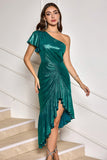 Dark Green Metallic One Shoulder Ruffled Asymmetrical Cocktail Dress