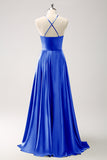 Royal Blue A-Line Hollow Out Halter Long Bridesmaid Dress with Flower