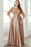 Champagne 3/4 Sleeves Printed Satin A Line Plus Size Mother Dress