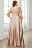Champagne 3/4 Sleeves Printed Satin A Line Plus Size Mother Dress