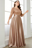 Champagne 3/4 Sleeves Printed Satin A Line Plus Size Mother Dress