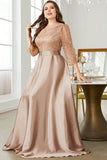 Champagne 3/4 Sleeves Printed Satin A Line Plus Size Mother Dress