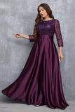 Champagne 3/4 Sleeves Printed Satin A Line Plus Size Mother Dress