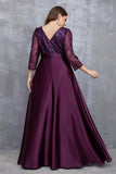 Champagne 3/4 Sleeves Printed Satin A Line Plus Size Mother Dress