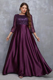 Champagne 3/4 Sleeves Printed Satin A Line Plus Size Mother Dress
