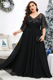 Black Illusion Sleeves A Line Chiffon Plus Size Mother of the Bride Dress